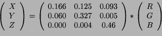 \begin{displaymath}
\left(
\begin{array}{l}
X\\
Y\\
Z\\
\end{array}\right)
=
...
... )
*
\left(
\begin{array}{l}
R\\
G\\
B\\
\end{array}\right)
\end{displaymath}