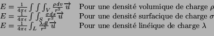 \begin{displaymath}
\begin{array}{ll}
E=\frac{1}{4\pi\epsilon}\int\int\int_V \fr...
...une densit{\'e} lin{\'e}ique de charge } \lambda\\
\end{array}\end{displaymath}