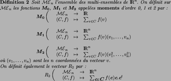 \begin{definition}
\index{Moments}
\par Soit \multn{} l'ensemble des multi-ensem...
...,f)}{\sum_{\col\in\C}f(\col)\col.\col^t}
\end{displaymath}
\par\end{definition}